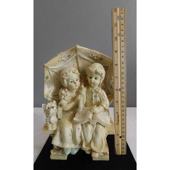 Large  Resin Figurine Young Man-Woman with Dog Sitting of Bench Reading A Book - Picture 8 of 8